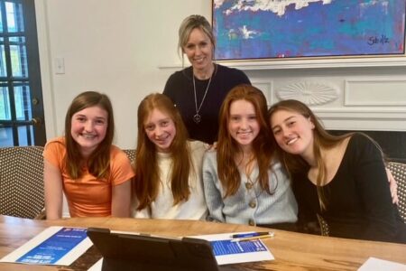 Original Junior Board founders in 2021 — Eva Gardner, Charlotte Gardner, and Juliette Gardner from Douglas Freeman, and Callie Kennedy from Maggie Walker. Mindy Conklin is standing.