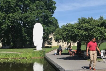 exterior shot of VMFA - reflecting pool with Chloe in the background