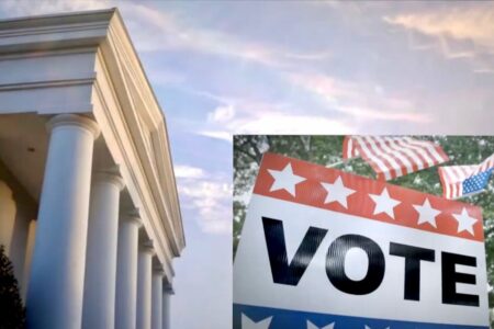 voting sign with state government building