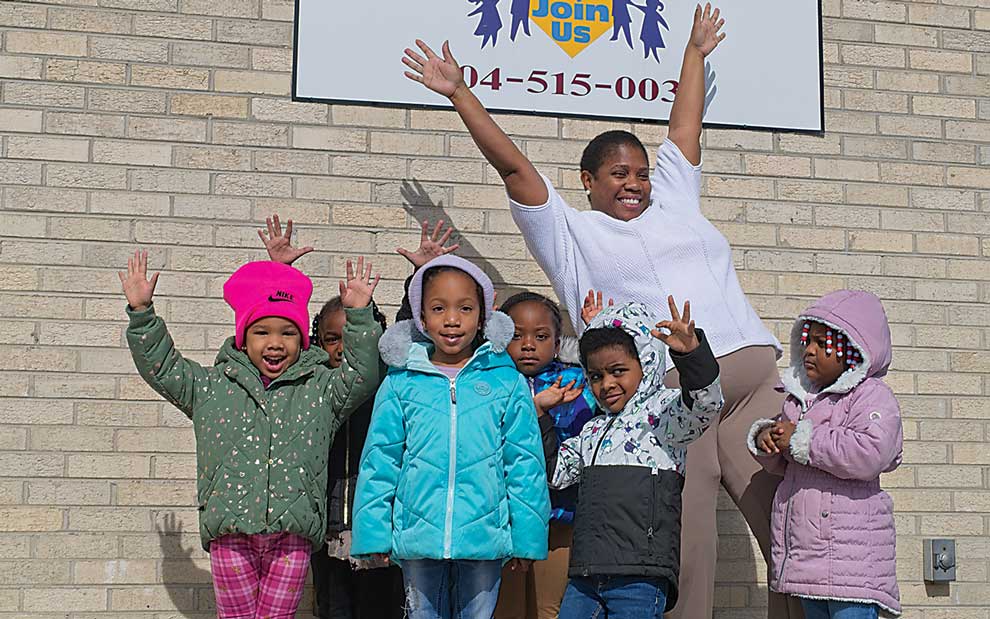 students outside Crossroads Christian Academy