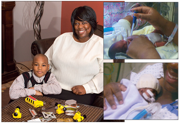 Matthew Sheriff, shown with his mom, was born at twenty-six weeks at St. Mary’s Hospital. Below, he and preemie buddy Jeremiah celebrate their first birthdays. 