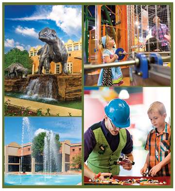 Clockwise, from top left, Fernbank Museum of Natural History, LEGOLAND Discovery Center, The Children’s Museum of Atlanta, and the King Center.