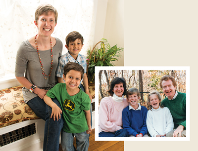 Lawson with her sons, and at right, with her parents, Wendy and Tom McNeil, and her brother, Tucker.