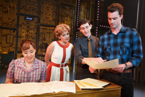 BEAUTIFUL: Four Friends. (l to r) Curt Bouril “Don Kirshner”), Liam Tobin (“Gerry Goffin”), Abby Mueller (“Carole King”), Ben Fankhauser (“Barry Mann”) and Becky Gulsvig (Cynthia Weil”).