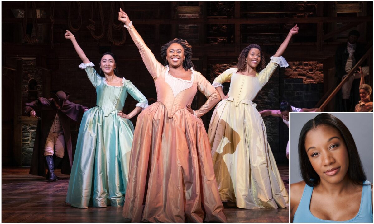 Nikisha Williams (inset) plays Eliza in the 2023 touring production of HAMILTON. Pictured: Stephanie Jae Park, Ta’Rea Campbell, and Paige Smallwood as the Schuyler sisters: Angelica, Eliza, and Peggy in HAMILTON National Tour. (Photo by Joan Marcus)