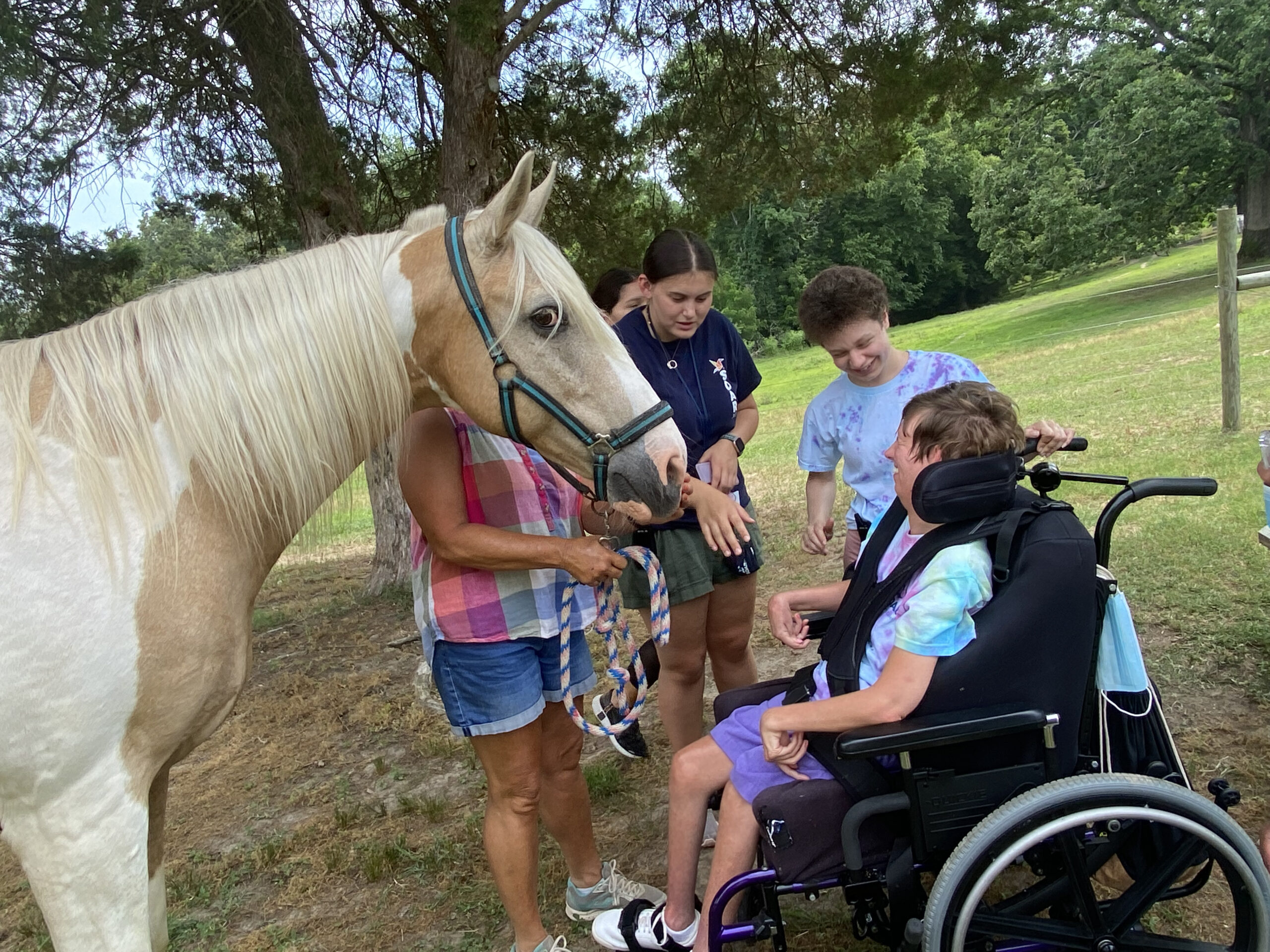 Woman with disabilities in wheel chair visits with camp counselors and a horse